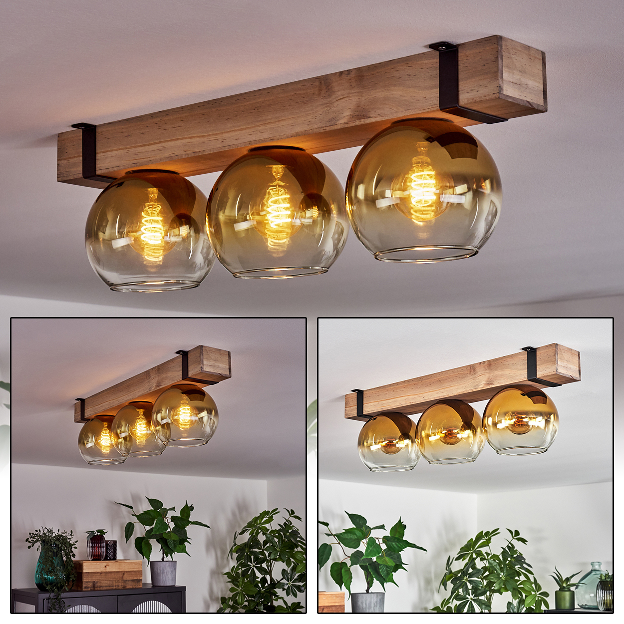 Eine Deckenlampe aus Holzbalken mit drei bernsteinfarbenen Glaskugeln. Die Lampe ist mit schwarzen Metallhalterungen an der Decke befestigt.