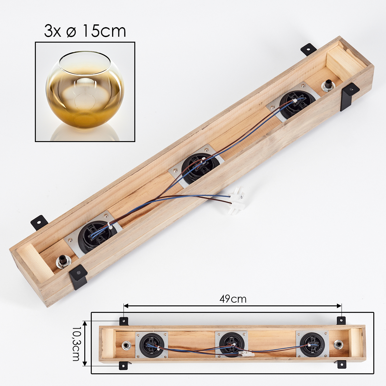 Holzleuchte mit drei kreisförmigen Lichtern, Drähten, Abmessungen und einem kleinen eingebetteten Bild einer Glasschale.