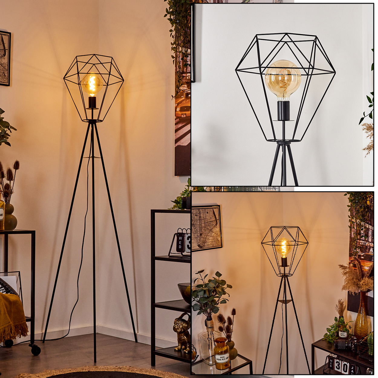 Eine schwarze geometrische Stehlampe mit einer großen Glühbirne. Die Lampe steht in einem Raum mit Regalen, Pflanzen und einem Teppich.
