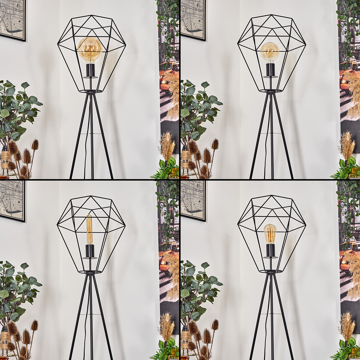 Eine schwarze geometrische Stehlampe mit Glühbirne, Pflanzen und gerahmten Bildern vor weißem Hintergrund.