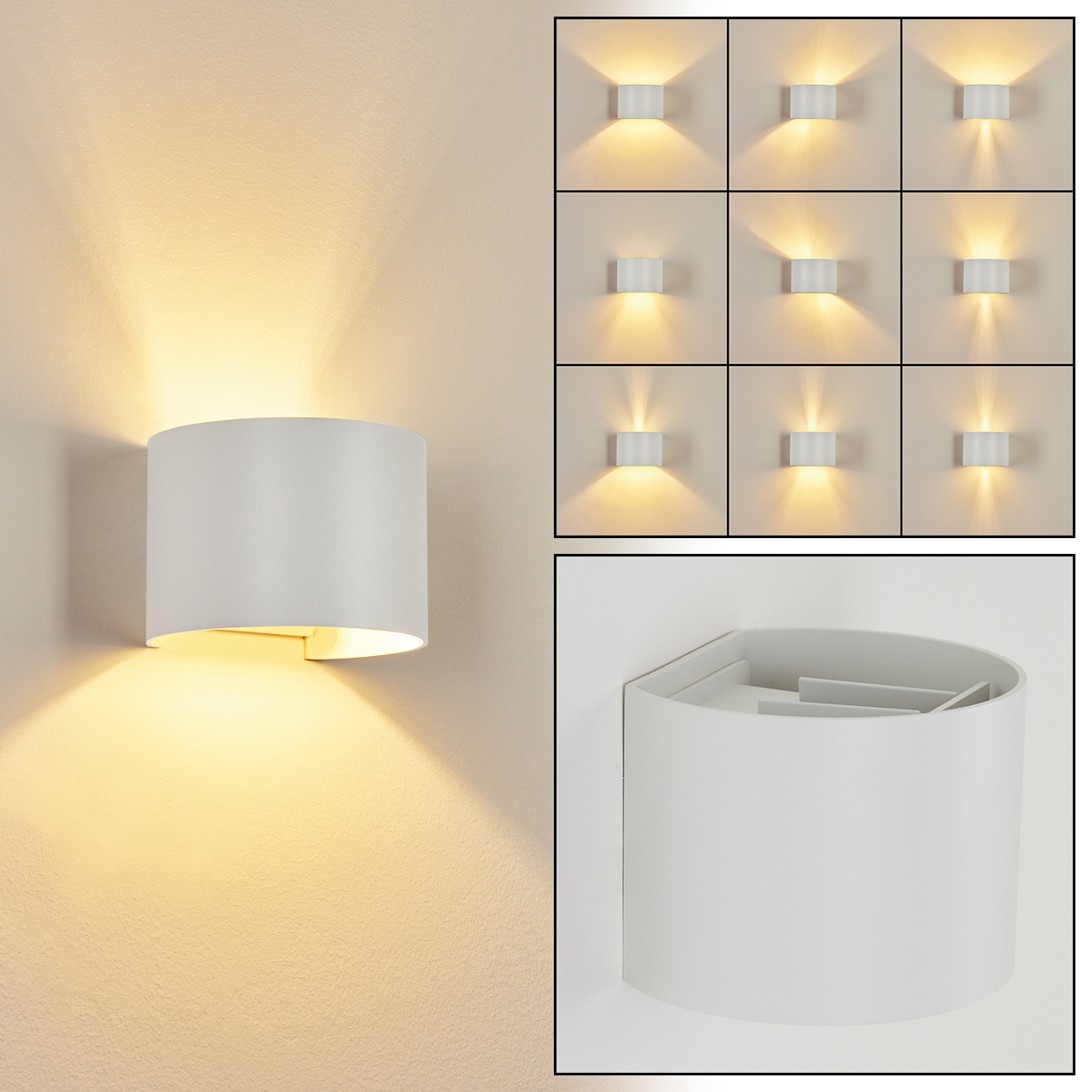 Eine weiße Wandleuchte mit zylindrischem Schirm. Neun kleinere Bilder zeigen verschiedene Lichtmuster. Detaillierte Ansicht des Lampeninneren.