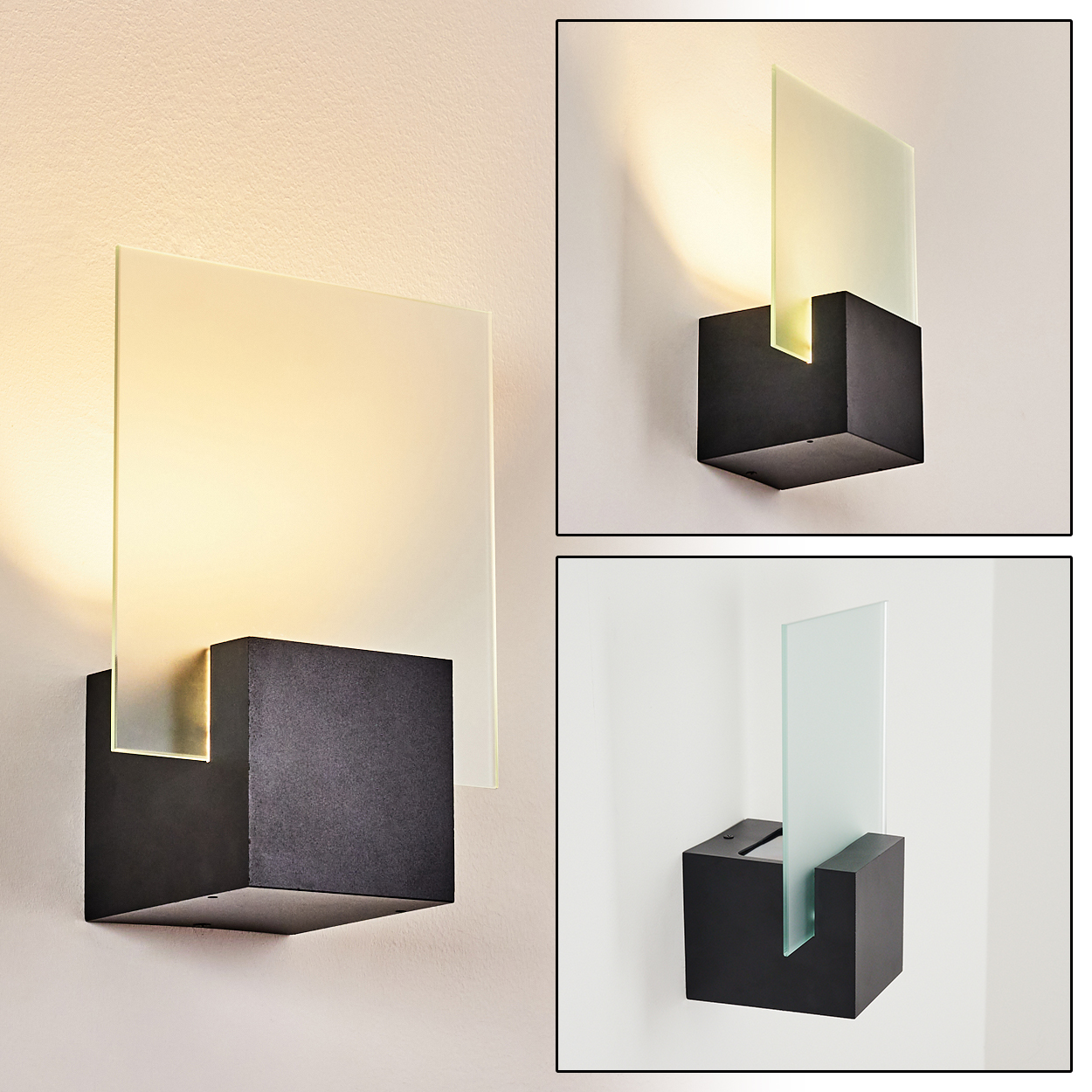 Moderne Wandlampe mit schwarzem Würfelsockel und einer Platte aus Milchglas. Die Lampe strahlt Licht auf die Wand.
