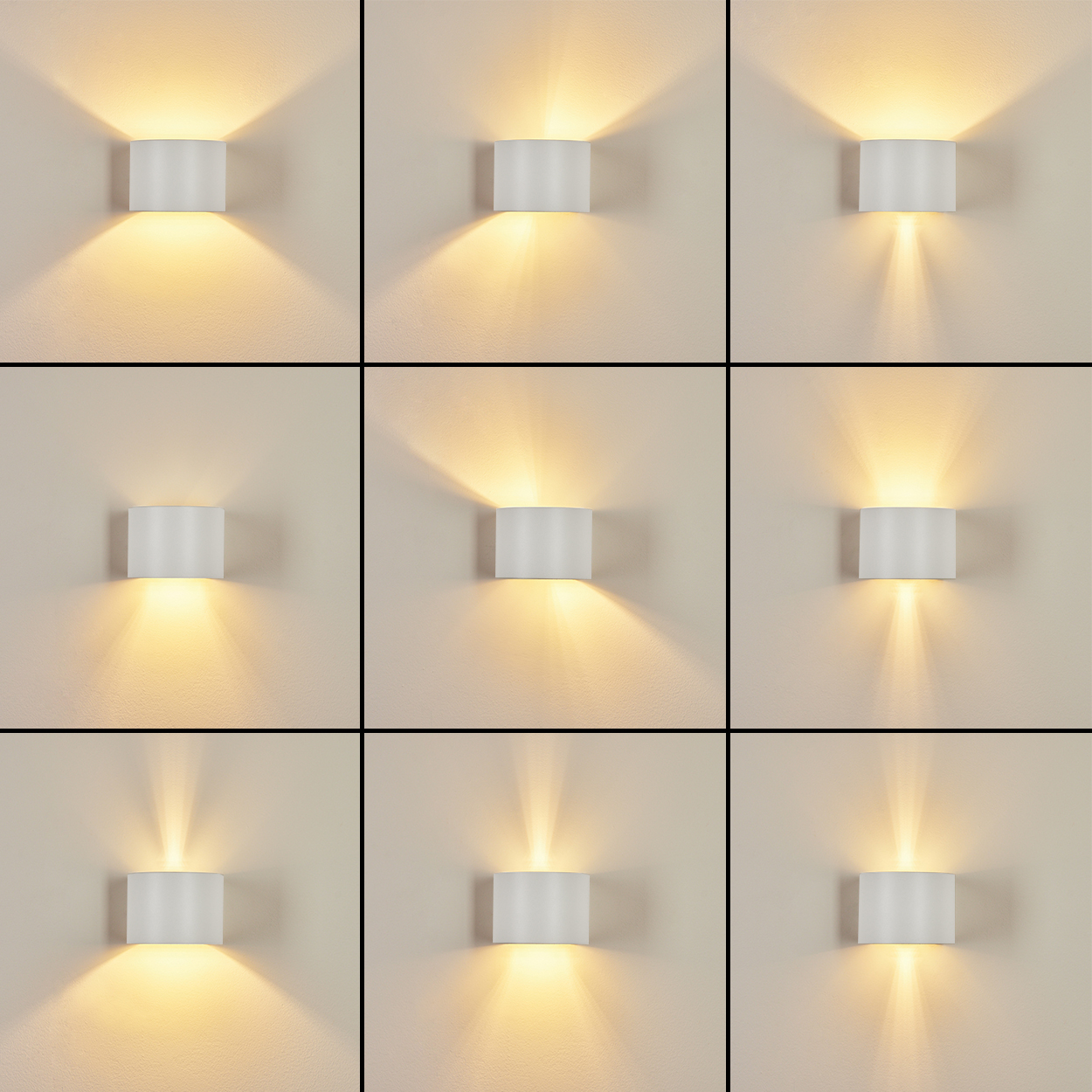 Neun weiße Wandlampen leuchten mit verschiedenen Lichtmustern an einer beigen Wand. Jede Lampe ist ein Rechteck mit gebogener Front.