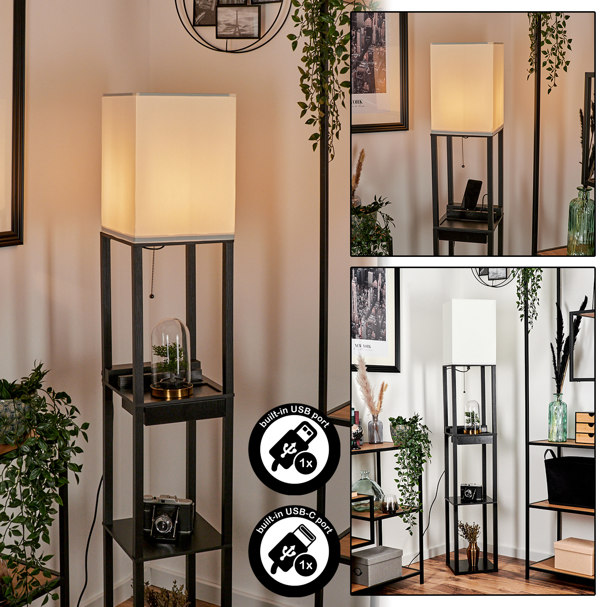 Eine schwarze Lampe mit Regalen, weißem Lampenschirm und Glaskuppel mit Pflanzen. USB- und USB-C-Anschlüsse sind ebenfalls sichtbar.