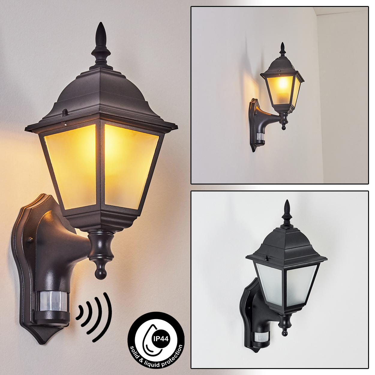 Schwarze Außenlampe mit Bewegungsmelder. Die Lampe ist an der Wand montiert und hat einen Glasschirm. Ein IP44-Symbol ist sichtbar.