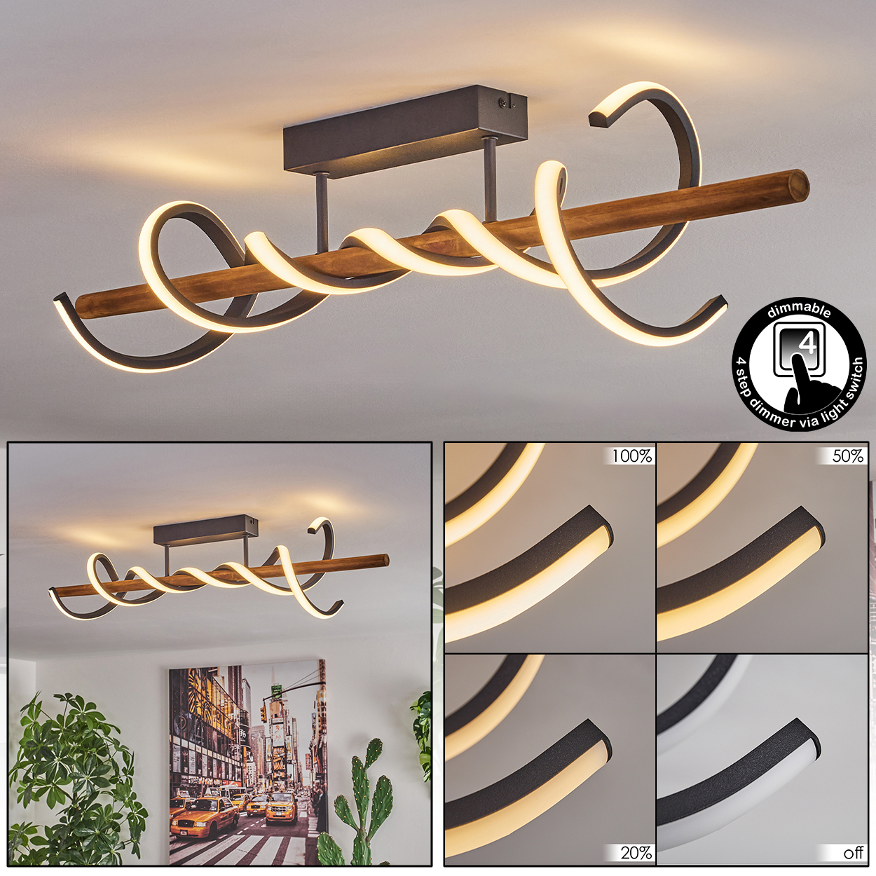 Moderne Deckenlampe mit Wirbeldesign. Sie hat einen Holzstab und schwarze Metallakzente. Dimmbar mit verschiedenen Lichtstufen.
