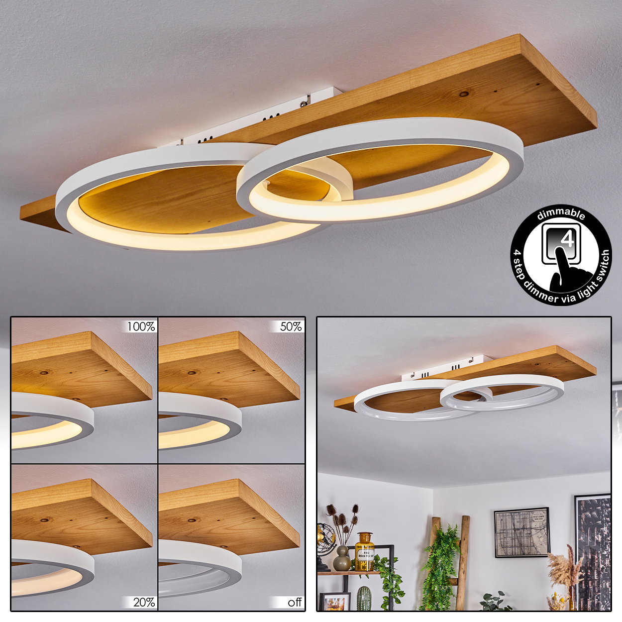Deckenleuchte. Weiße kreisförmige Lichter auf einem Holzbrett. Dimmerschalter-Symbol. Verschiedene Helligkeitsoptionen.