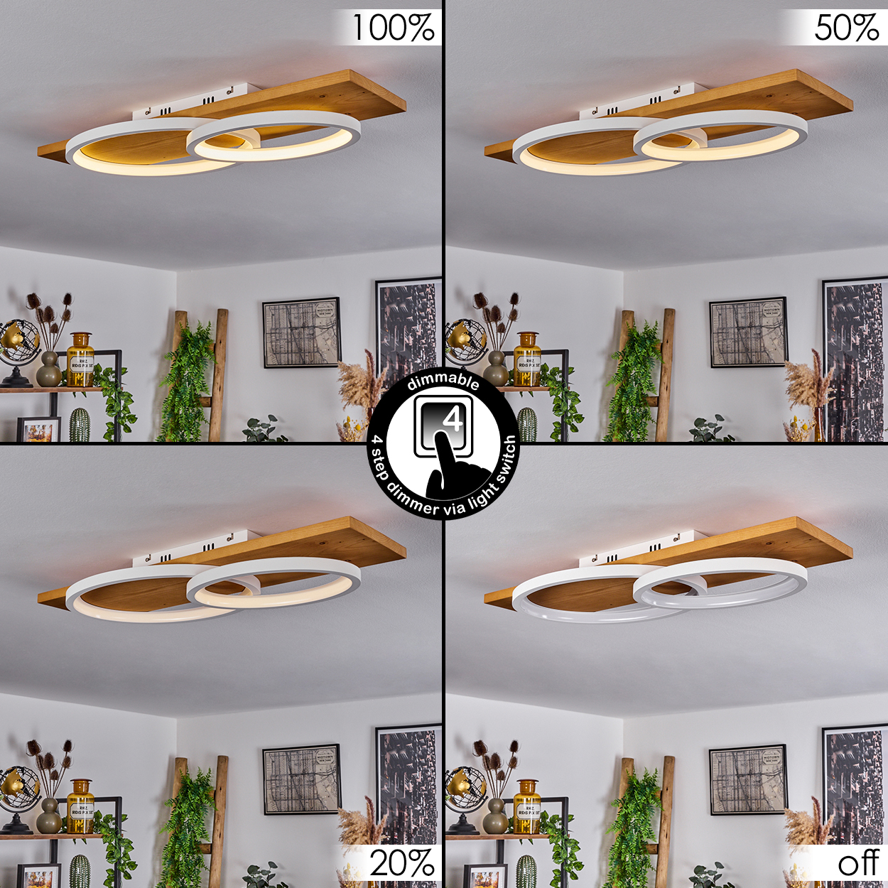 Deckenleuchte mit Holz und weißen Ringen. Dimmstufen: 100 %, 50 %, 20 % und aus. Ein Knopf zeigt die Dimmfunktion an.