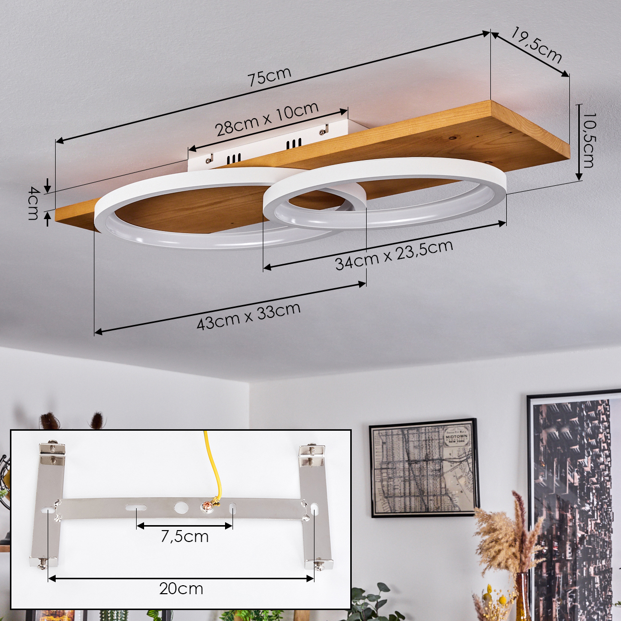 Eine moderne Deckenlampe mit zwei weißen LED-Ringen auf einem Holzbrett. Abmessungen sind beschriftet, und eine Halterung ist gezeigt.