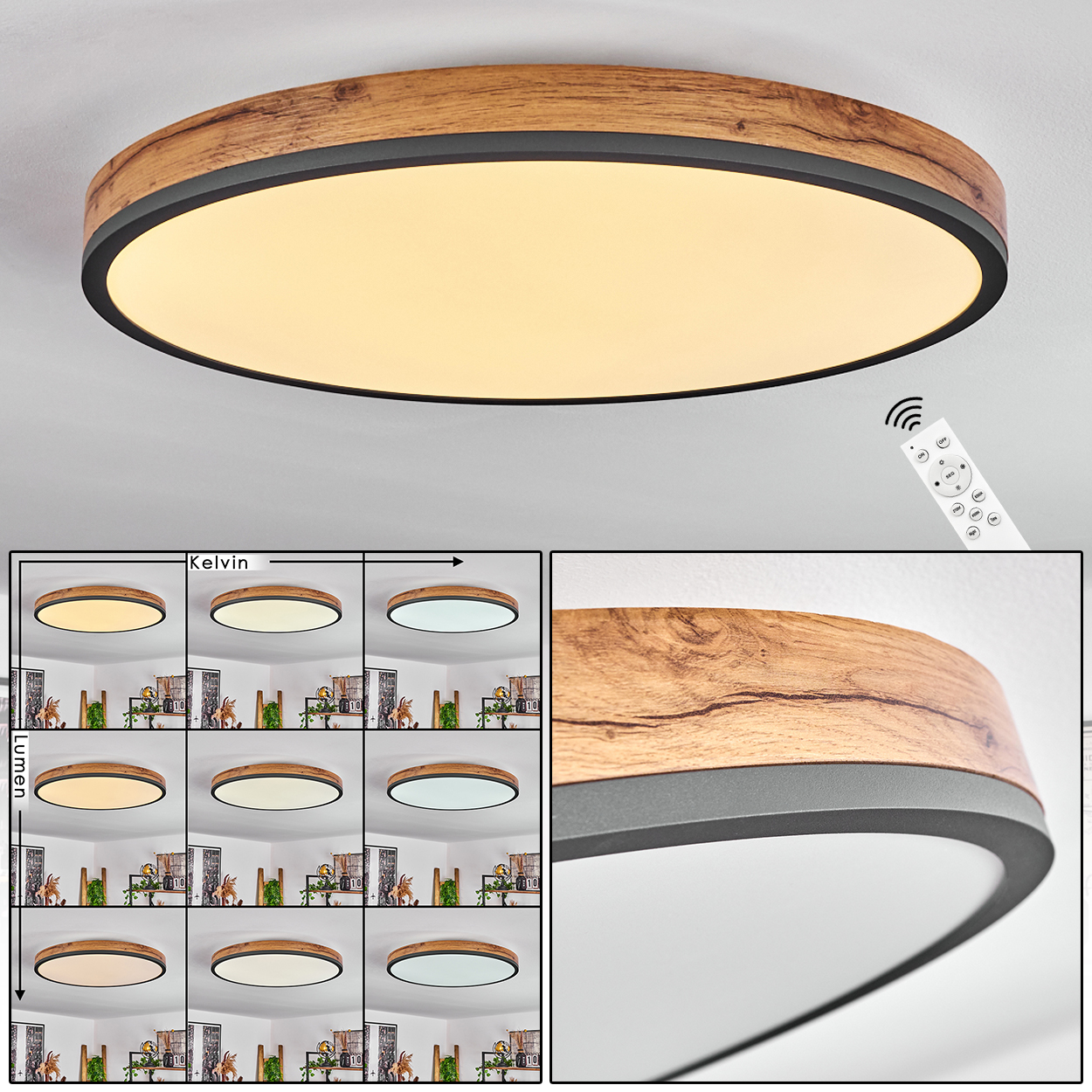 Eine runde Deckenlampe mit Holzrahmen, schwarzem Rand und weißem Panel. Fernbedienung sichtbar. Variationen der Lichteinstellungen sind gezeigt.