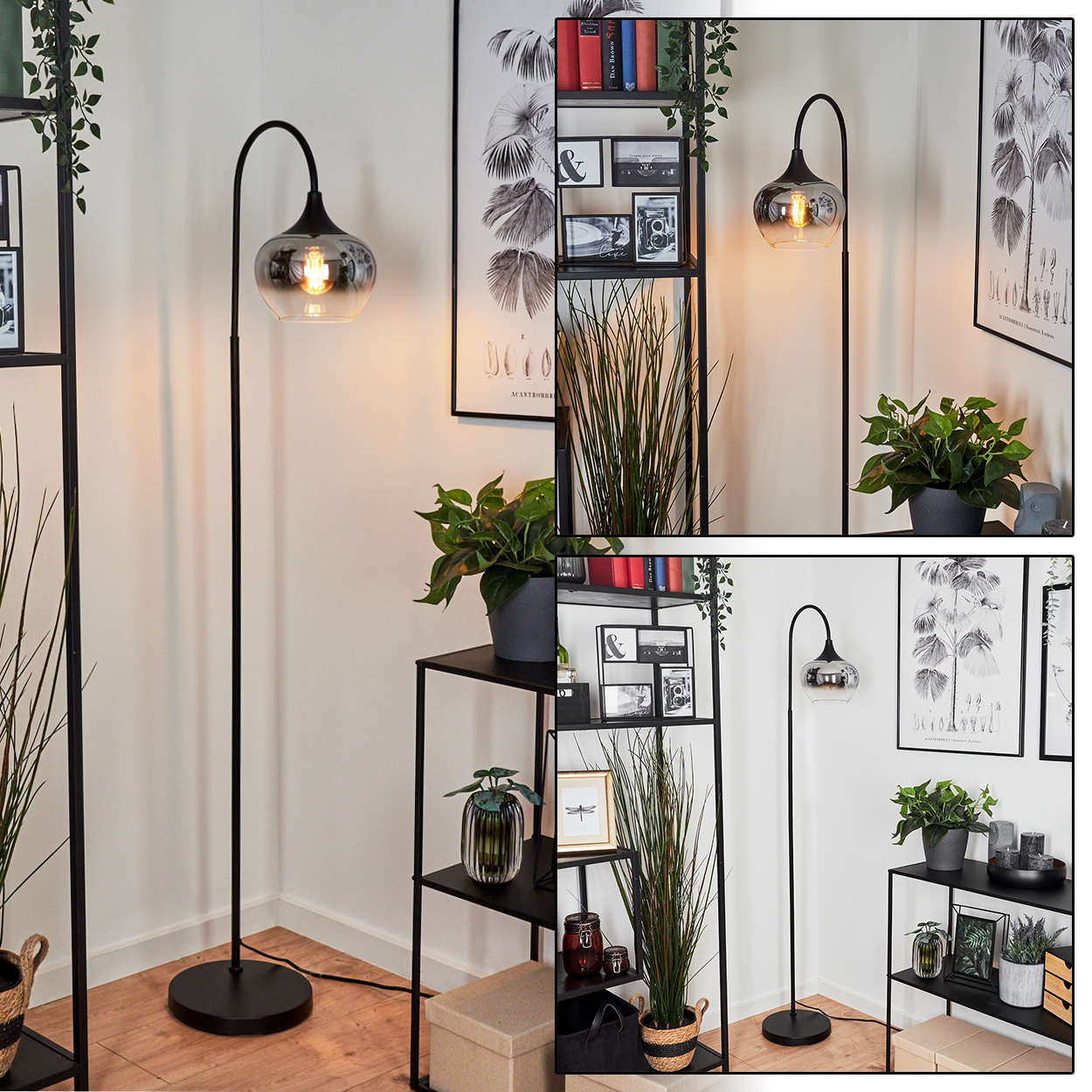 Eine schwarze Stehlampe mit Glasschirm in einem Raum mit Pflanzen und Regalen. Ein Poster an der Wand.