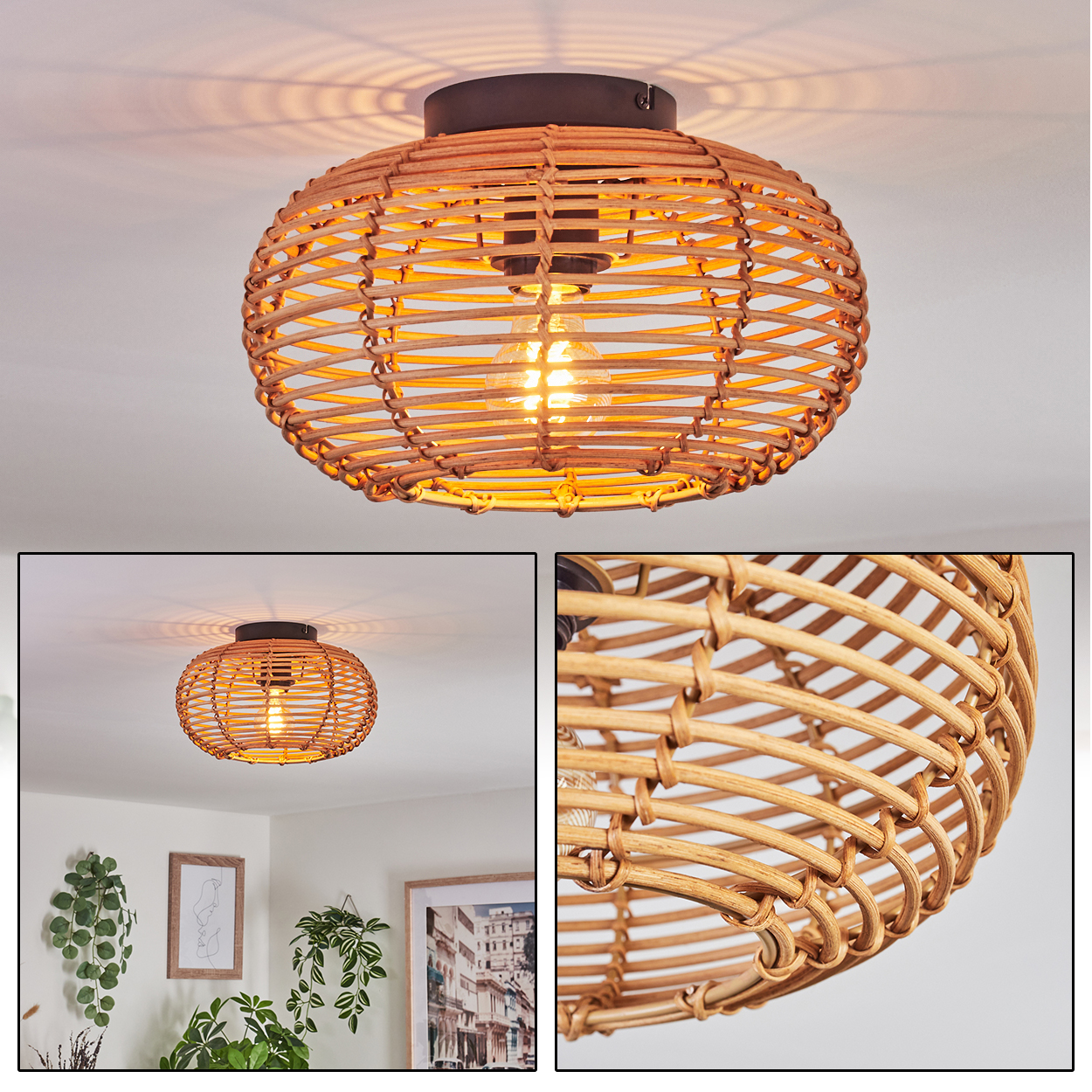 Eine Deckenlampe aus geflochtenem Rattan mit leuchtender Glühbirne. Die Lampe befindet sich an einer weißen Decke. Die Szene enthält weitere Lampen und Pflanzen.