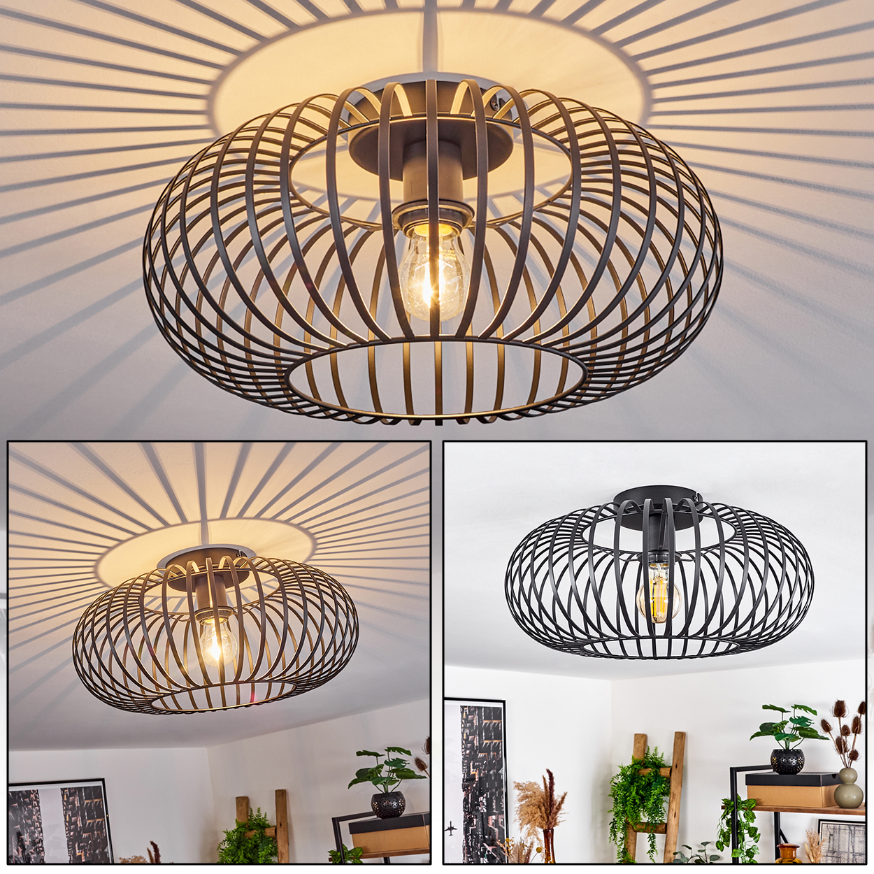 Eine schwarze Metallkäfig-Deckenleuchte mit sichtbarer Glühbirne wirft einen Schatten auf die weiße Decke. Drei Bilder zeigen das Licht.