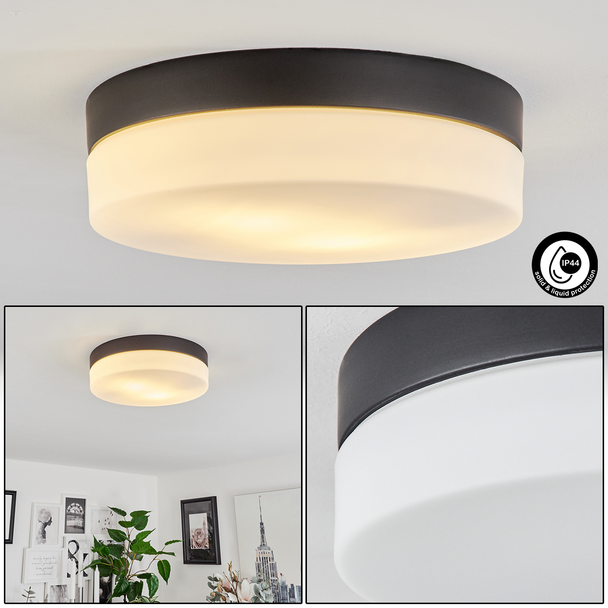 Eine runde Deckenlampe mit schwarzer Oberseite und weißem, leuchtendem Boden. IP44-Bewertung ist sichtbar. Eine andere Ansicht beinhaltet einen Raum.