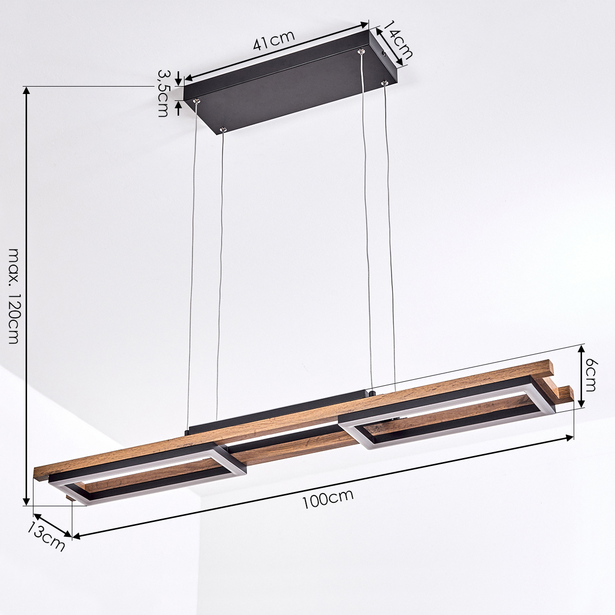 Eine moderne Pendelleuchte. Sie hat eine schwarze rechteckige Oberseite und einen Holzbalken mit zwei rechteckigen Lichtrahmen. Abmessungen sind angegeben.