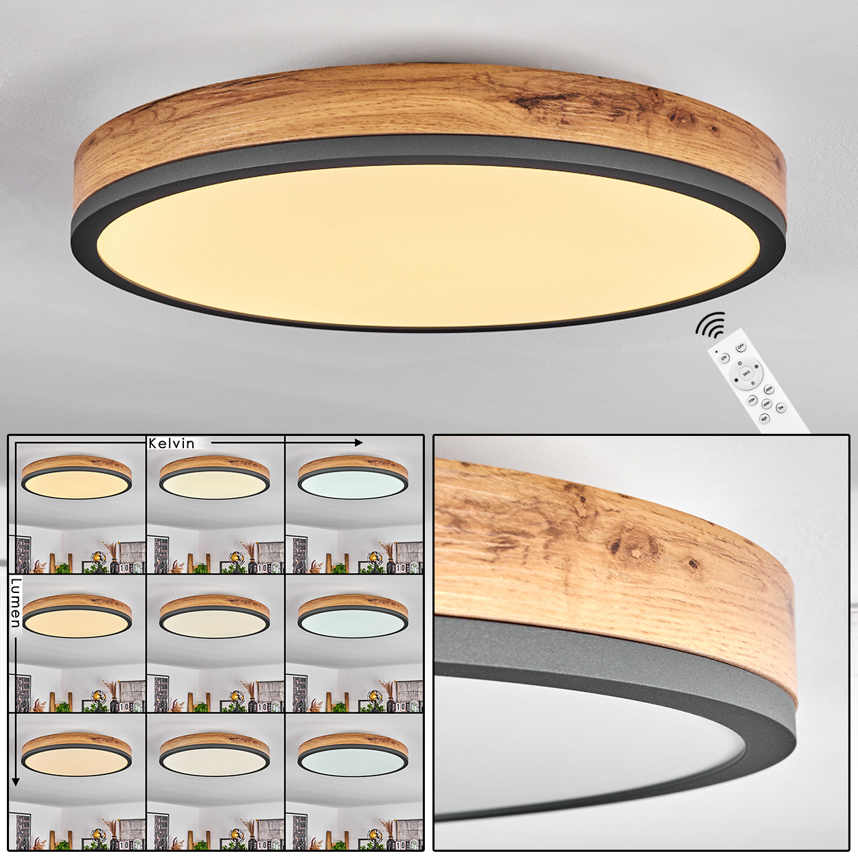 Eine Deckenleuchte mit Holzrahmen und Fernbedienung. Variationen in Lichtfarbe und -intensität werden angezeigt.