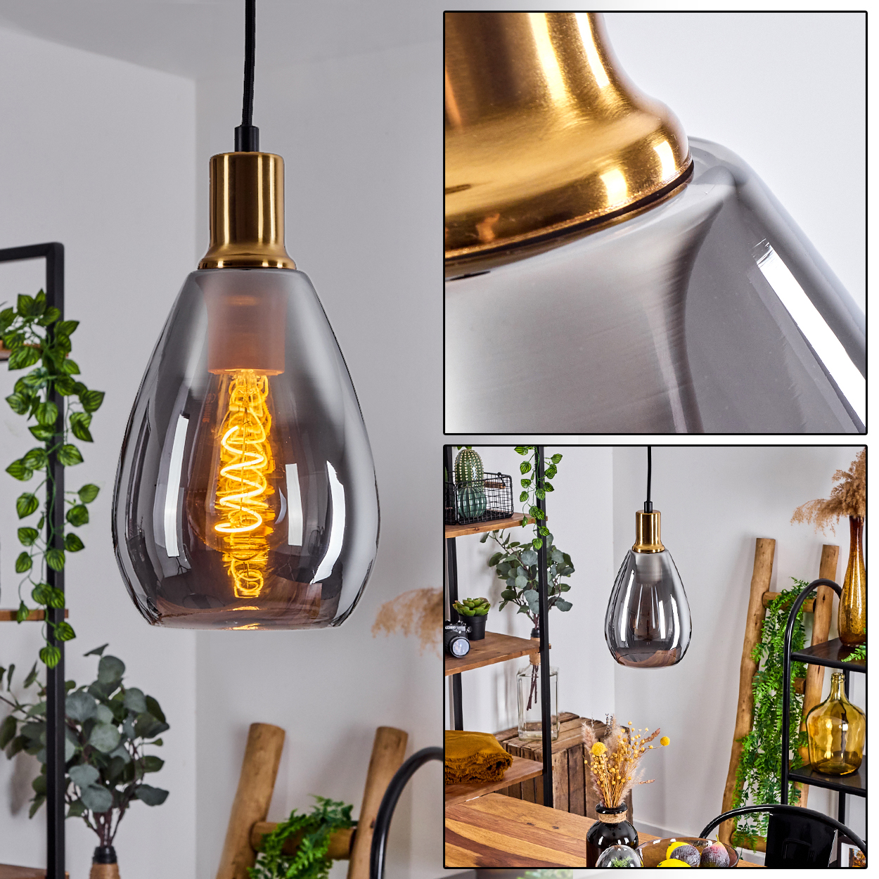 Eine moderne Pendelleuchte mit tropfenförmigem Rauchglasschirm und goldenem Metallaufsatz, die in einem Raum mit Dekoration hängt.