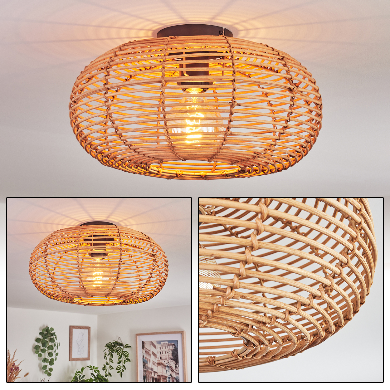 Eine Deckenlampe aus gewebtem Rattan mit einer leuchtenden Glühbirne im Inneren. Die Lampe wirft einen warmen Schein. Teile eines Raumes sind im Hintergrund sichtbar.