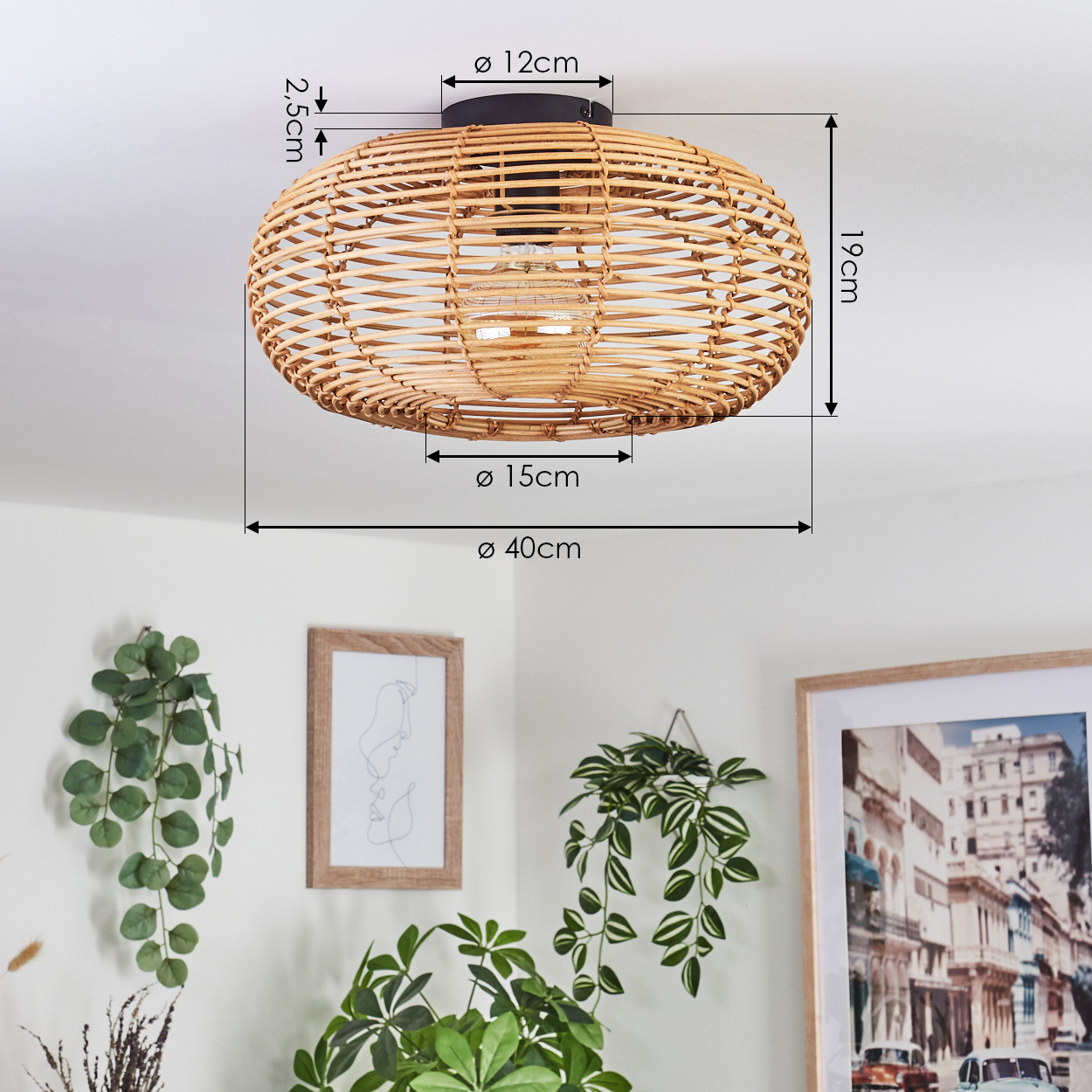 Eine geflochtene Rattanlampe hängt von der Decke. Darunter ein gerahmtes Bild und ein gerahmtes Foto, Pflanzen und andere Dekorationen.