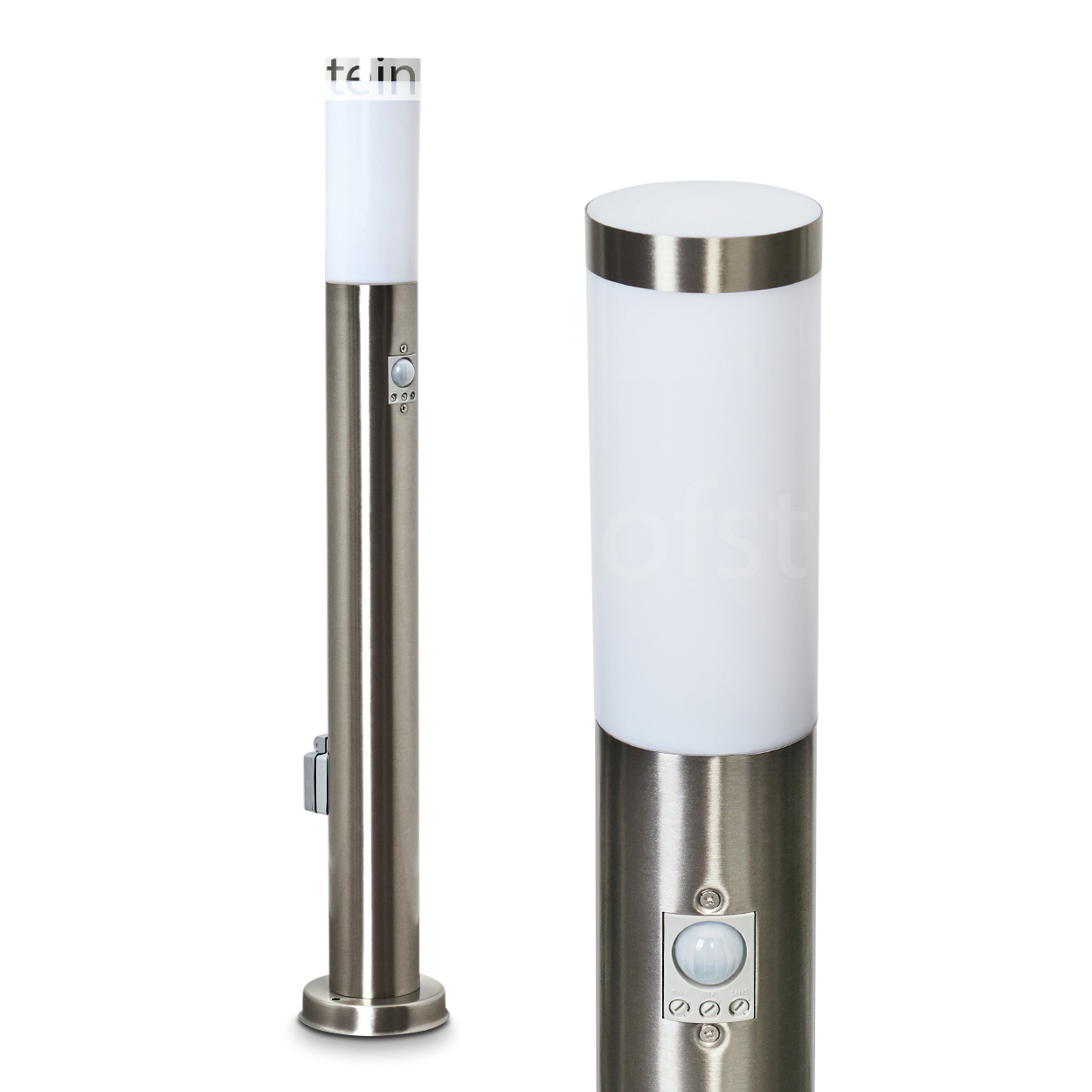 Zwei Metall-Außenlampen auf weißem Hintergrund. Eine Lampe zeigt einen Bewegungssensor. Beide Lampen haben oben einen weißen Lichtabschnitt.
