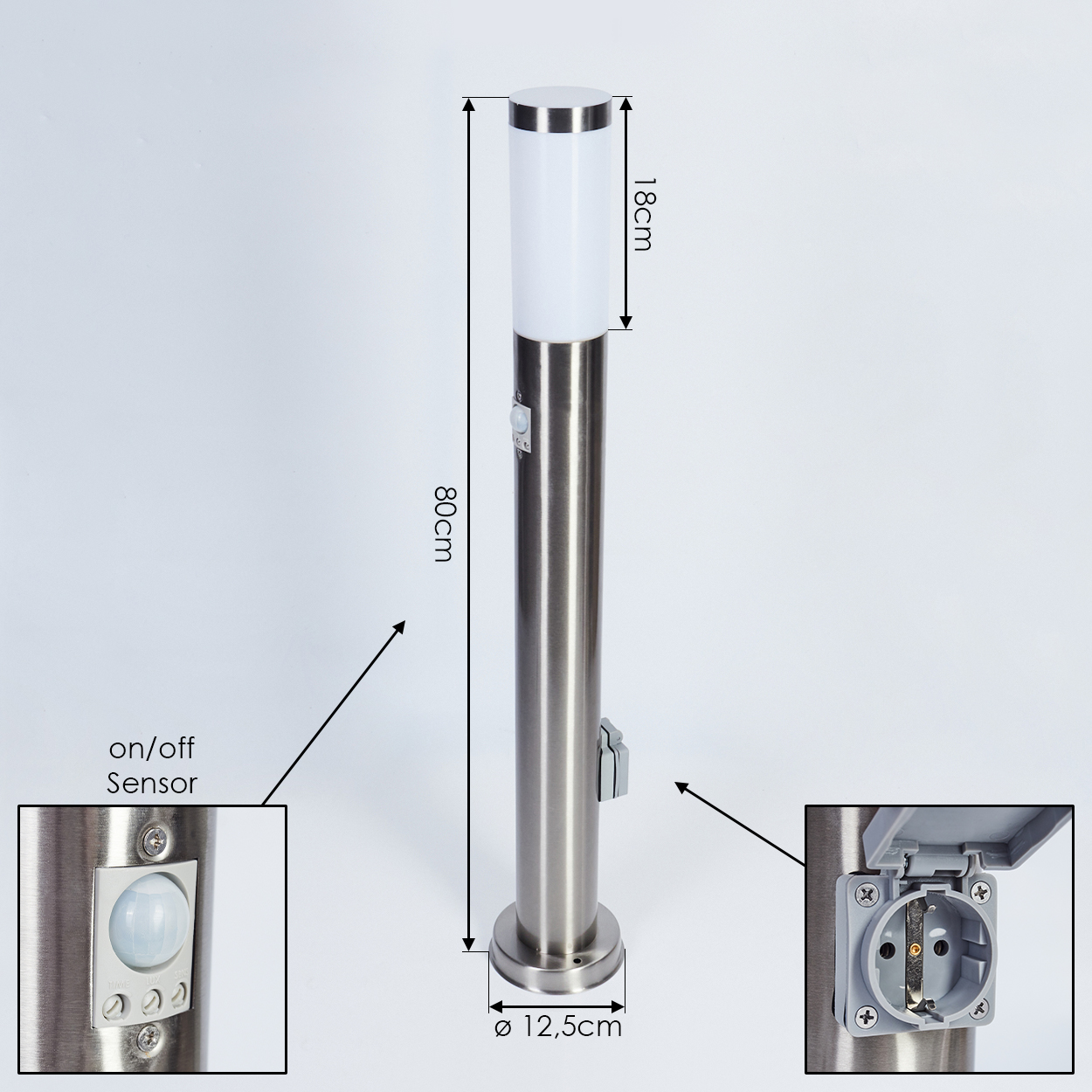 Edelstahl-Außenlampe mit Sensor und Steckdose, Maße: 80 cm Höhe, 12,5 cm Basis, 18 cm Lichtteil.
