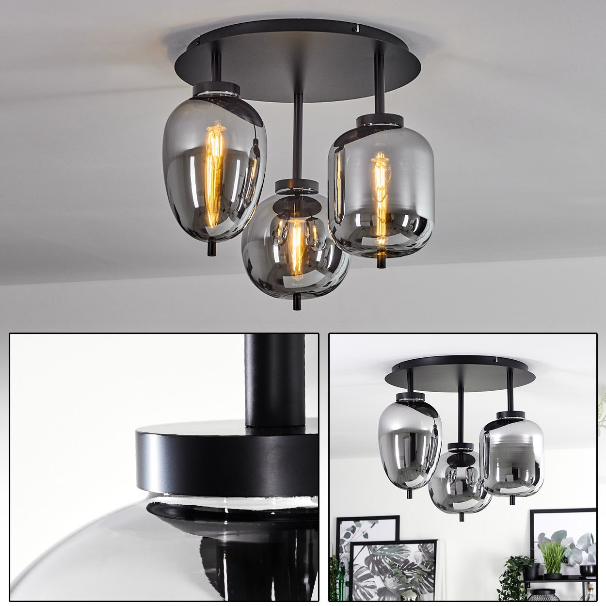 Eine Deckenlampe mit drei grauen Glasschirmen, schwarzen Stützen und einer schwarzen Deckenplatte. Die Glühbirnen leuchten warm.
