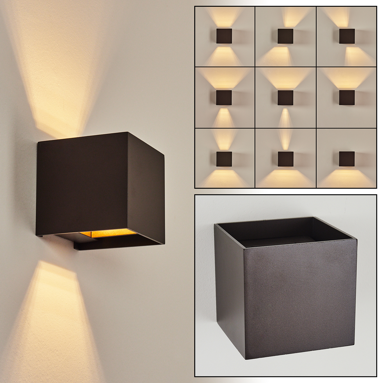 Eine moderne, dunkelbraune, würfelförmige Wandleuchte strahlt Licht nach oben und unten aus. Zusätzliche Ansichten zeigen Lichtvariationen und die Form der Leuchte.