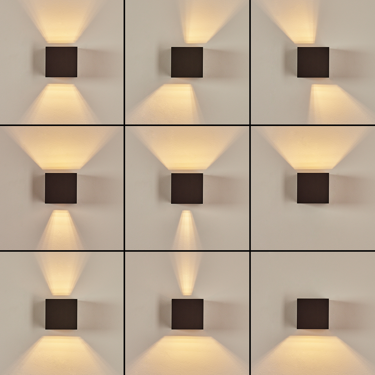 Neun quadratische, dunkelbraune Wandleuchten beleuchten die weiße Wand. Jede Leuchte hat ein anderes Lichtmuster, wodurch eine Lichtshow entsteht.