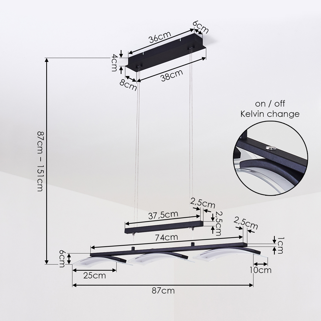 Schwarze Deckenlampe mit Maßen. Enthält eine Nahaufnahme des Ein/Aus-Schalters und der Kelvin-Änderungsfunktion.