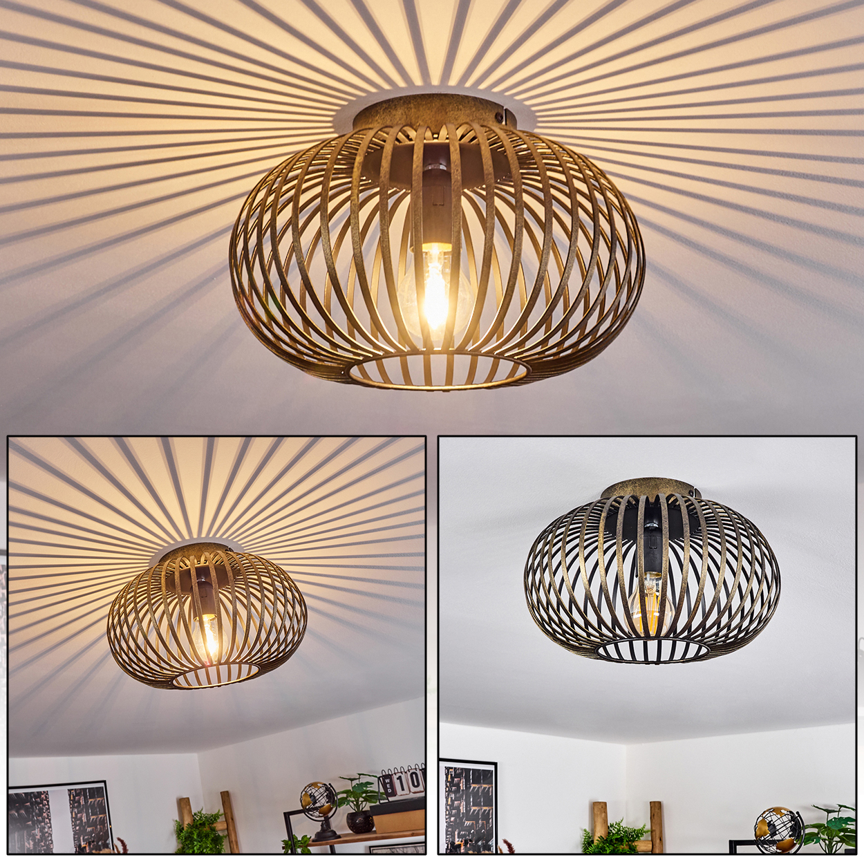 Eine bronzefarbene, kugelförmige Deckenlampe mit sichtbarer Glühbirne. Der Schatten der Lampe erzeugt ein Sonnenmuster an der Decke.