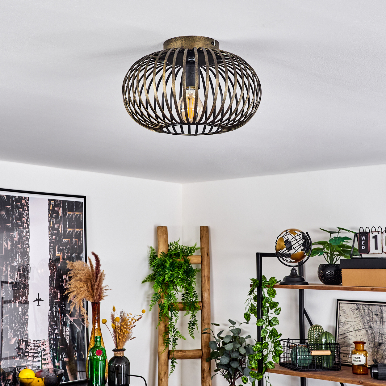 Eine dekorative Deckenlampe hängt in einem Raum mit einem Leiterregal und Pflanzen. Ein Stadtbild hängt an der Wand. Der Raum ist hell.