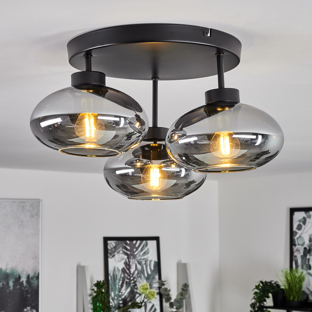 Moderne Deckenleuchte mit drei Rauchglasschirmen. Jeder Schirm hat eine brennende Glühbirne. Die Vorrichtung ist schwarz, an einer weißen Decke befestigt.