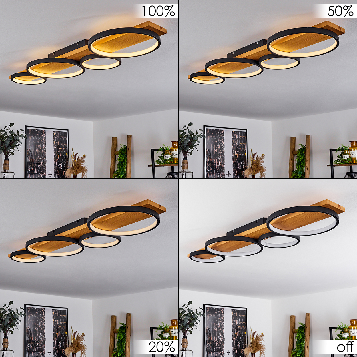 Eine Deckenleuchte mit Holz- und schwarzen Metallringen. Das Licht hat unterschiedliche Helligkeitseinstellungen. Der Hintergrund zeigt Raumdekor.