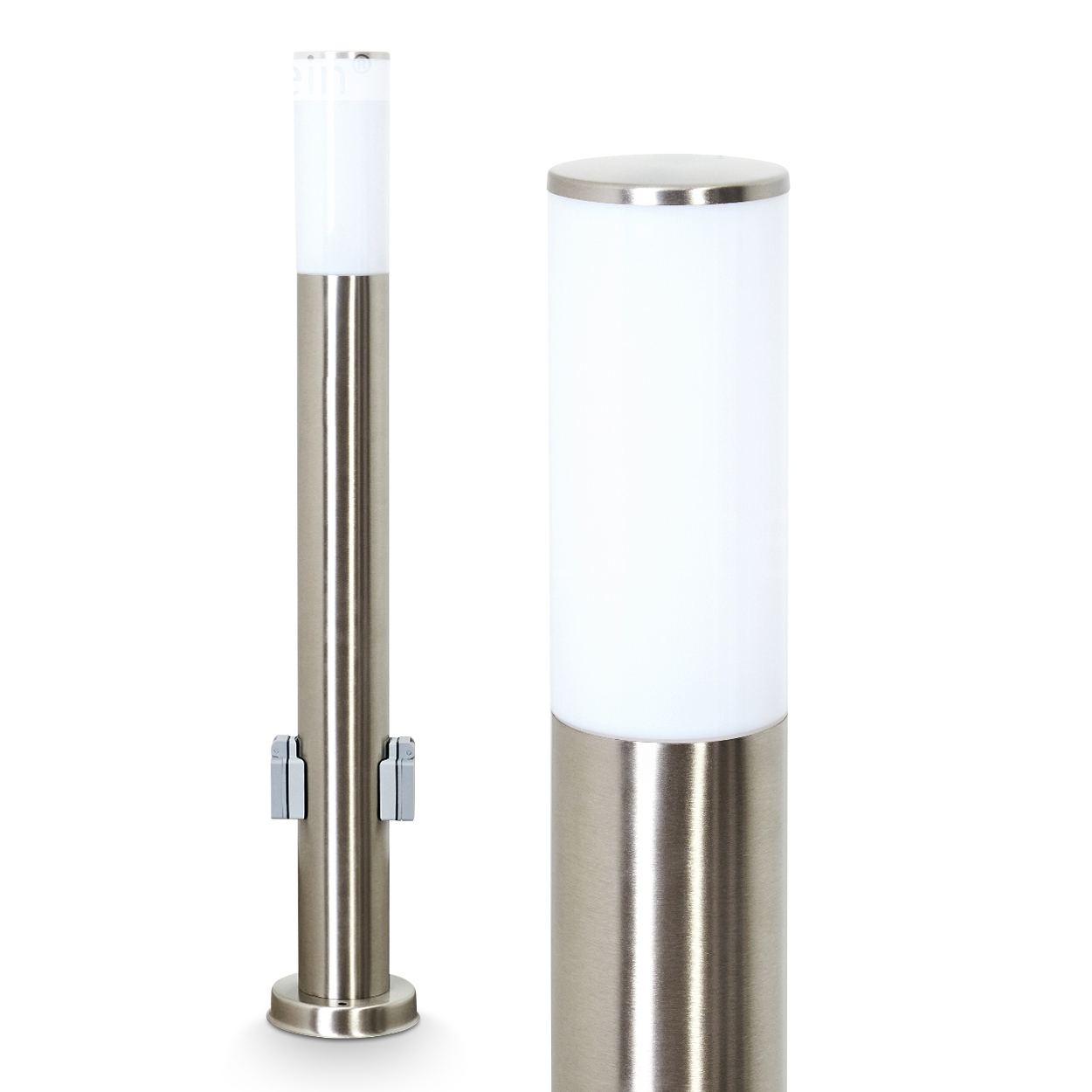 Zwei Außenlampen aus Edelstahl, eine ganz und eine Nahaufnahme. Beide haben oben einen weißen Lichtabschnitt.
