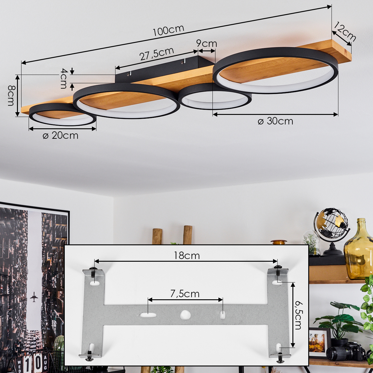 Eine Deckenleuchte mit vier kreisförmigen Lampen, einem Holzsockel und abgebildeten Abmessungen. Eine Metallhalterung ist ebenfalls sichtbar.