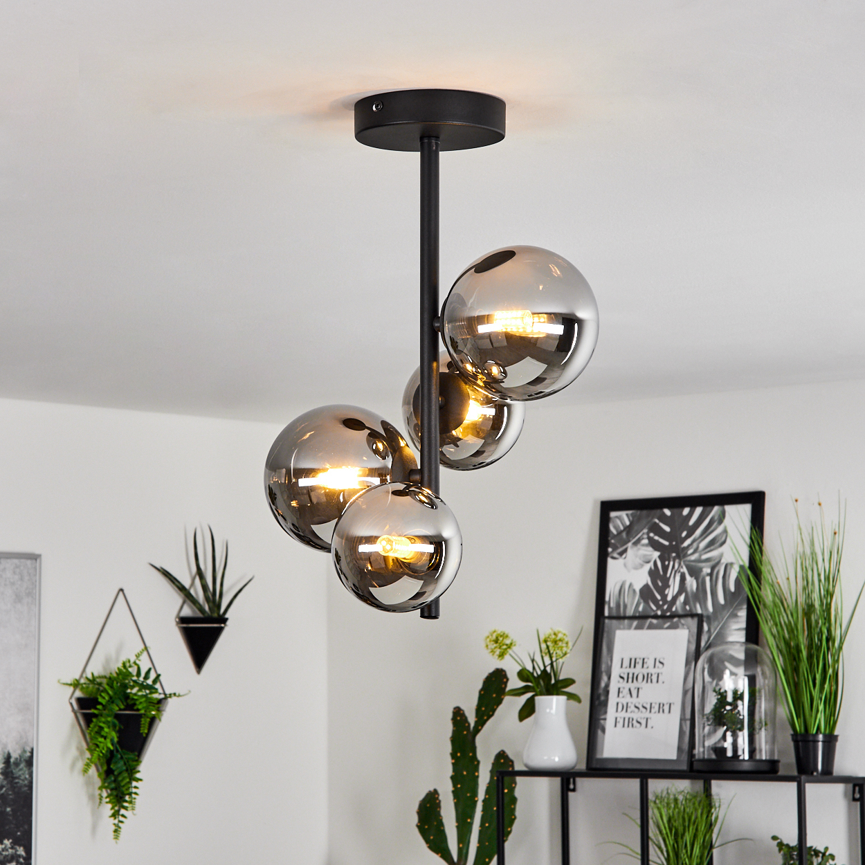 Eine schwarze Deckenlampe mit vier rauchfarbenen Glaskugeln. Der Raum hat Pflanzen, Bilder und eine weiße Decke.