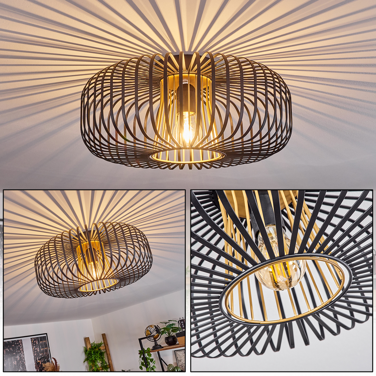 Eine schwarze Metallkäfig-Deckenleuchte. Das Licht wirft radiale Schatten auf die weiße Decke. Eine Nahaufnahme zeigt die Glühbirne.