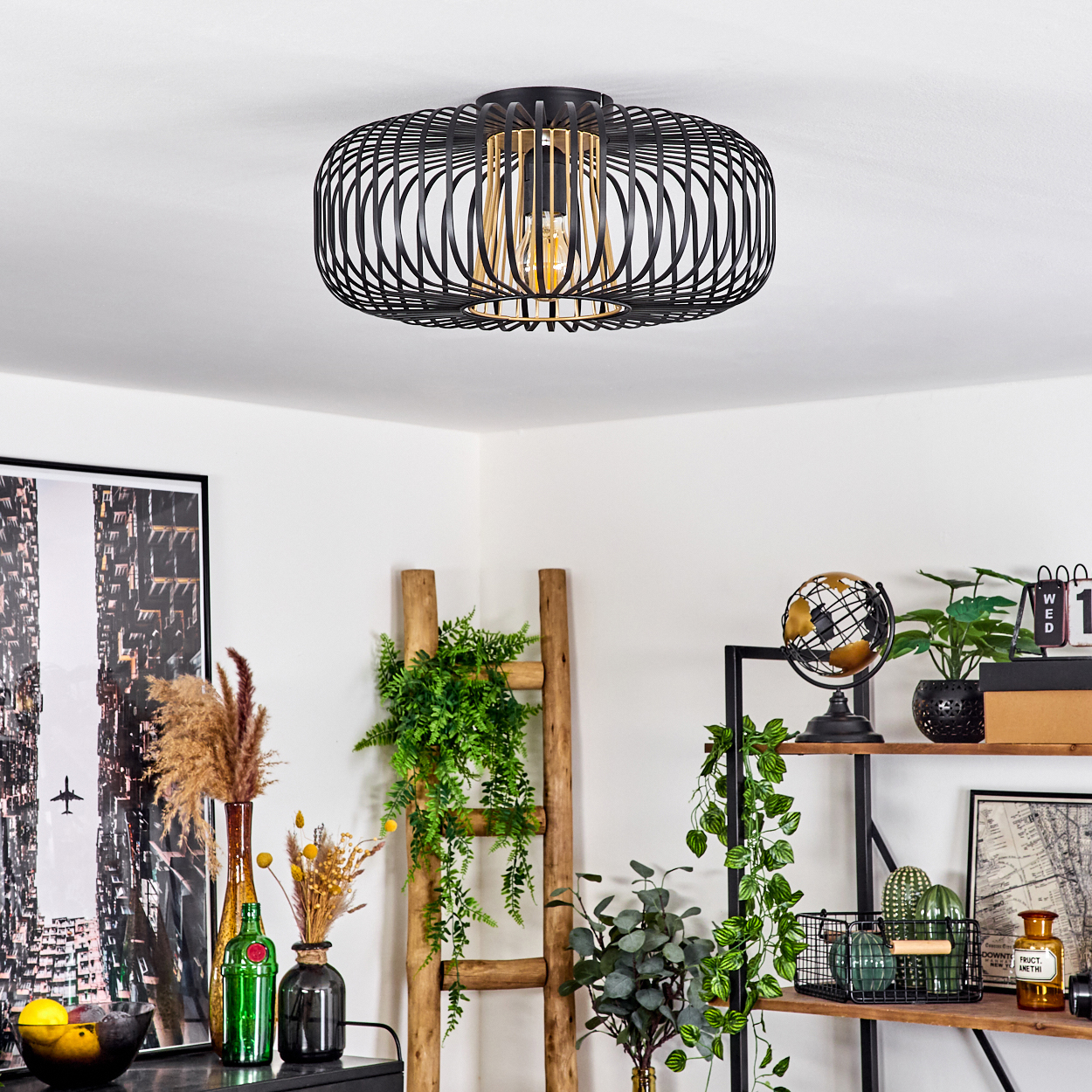 Eine schwarze und goldene Deckenleuchte. Eine Holzleiter und Pflanzen an der Wand. Ein Regal mit Globus und anderen dekorativen Gegenständen.
