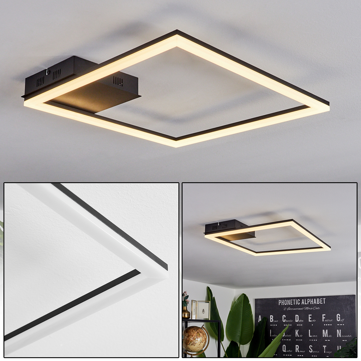 Eine quadratische, moderne Deckenleuchte mit schwarzem Rahmen und beleuchtetem Quadrat. Der Hintergrund umfasst eine Wand und Dekoration.