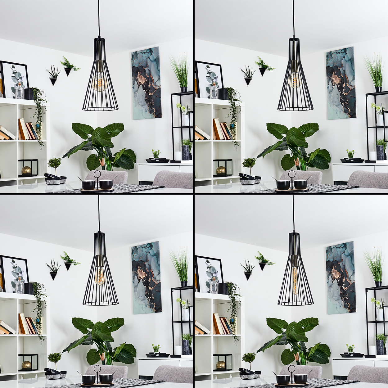 Ein Esszimmer mit schwarzer Pendelleuchte, Tisch mit zwei schwarzen Schalen, einer großen Blühpflanze und Regalen mit Dekor.