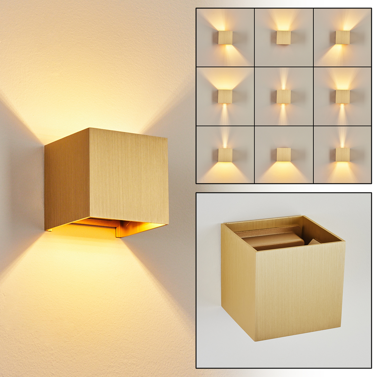 Eine goldfarbene, quadratische Wandlampe an einer hellen Wand. Zusätzliche quadratische Lampen und eine isolierte Lampe sind im Bild.