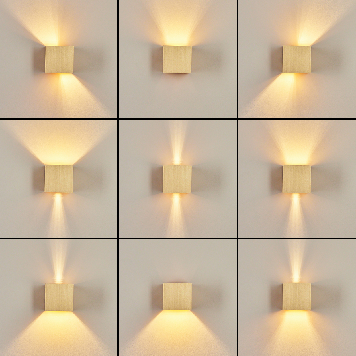 Neun quadratische, goldfarbene Wandleuchten, die jeweils einen Lichtfächer aussenden. Der Hintergrund ist eine schlichte, hellgraue Wand.