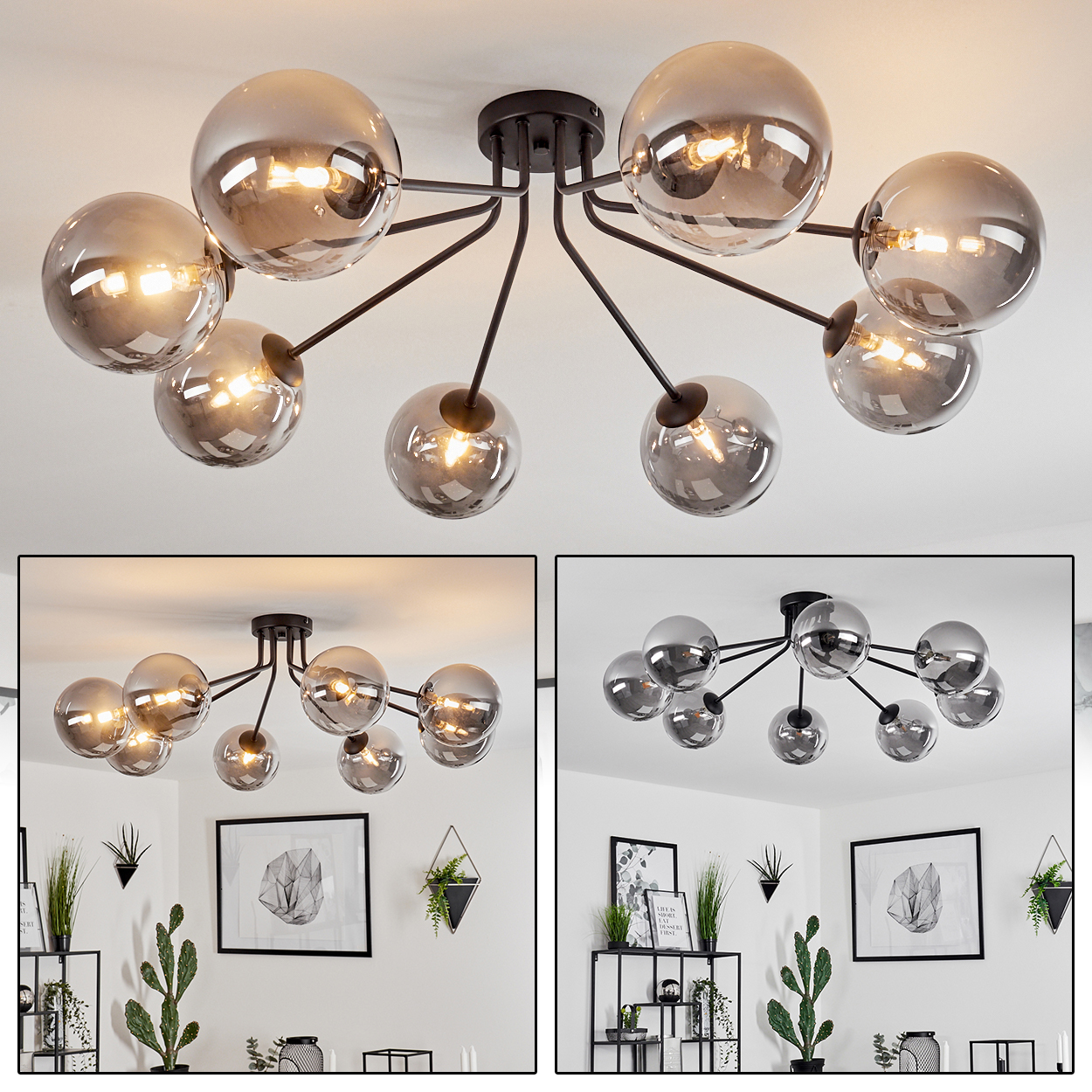 Eine moderne Deckenleuchte mit mehreren rauchigen Glaskugeln. Schwarze Metallarme erstrecken sich von einer zentralen Halterung.