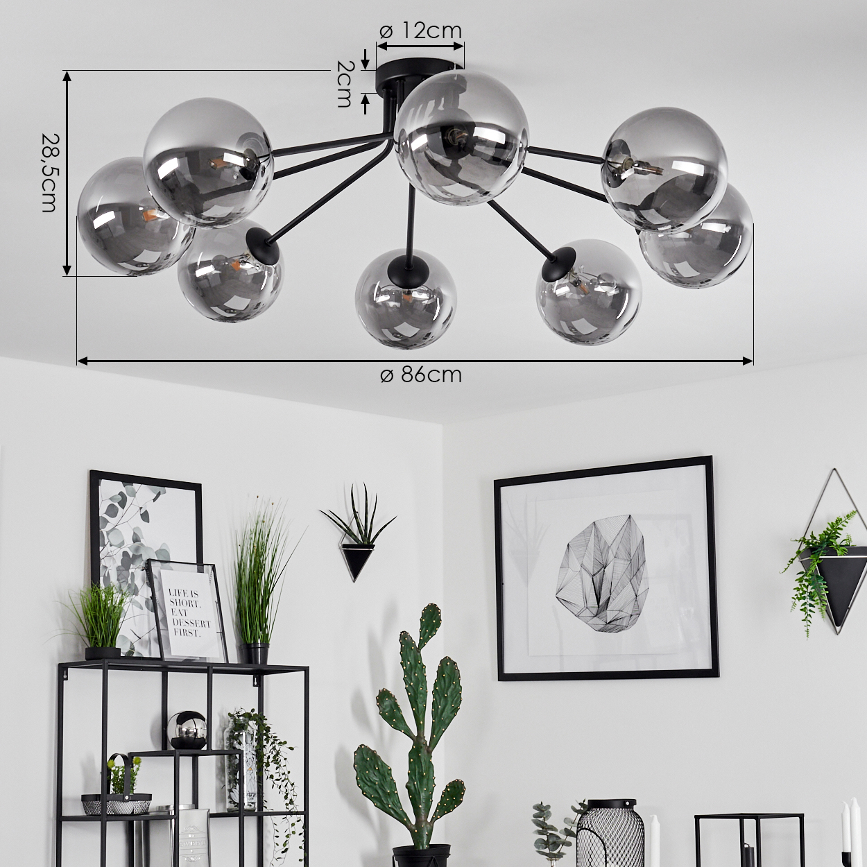 Eine moderne Deckenlampe mit kugelförmigen Schirmen. Darunter ein schwarzes Regal mit Pflanzen, einem Kaktus und gerahmten Kunstwerken.