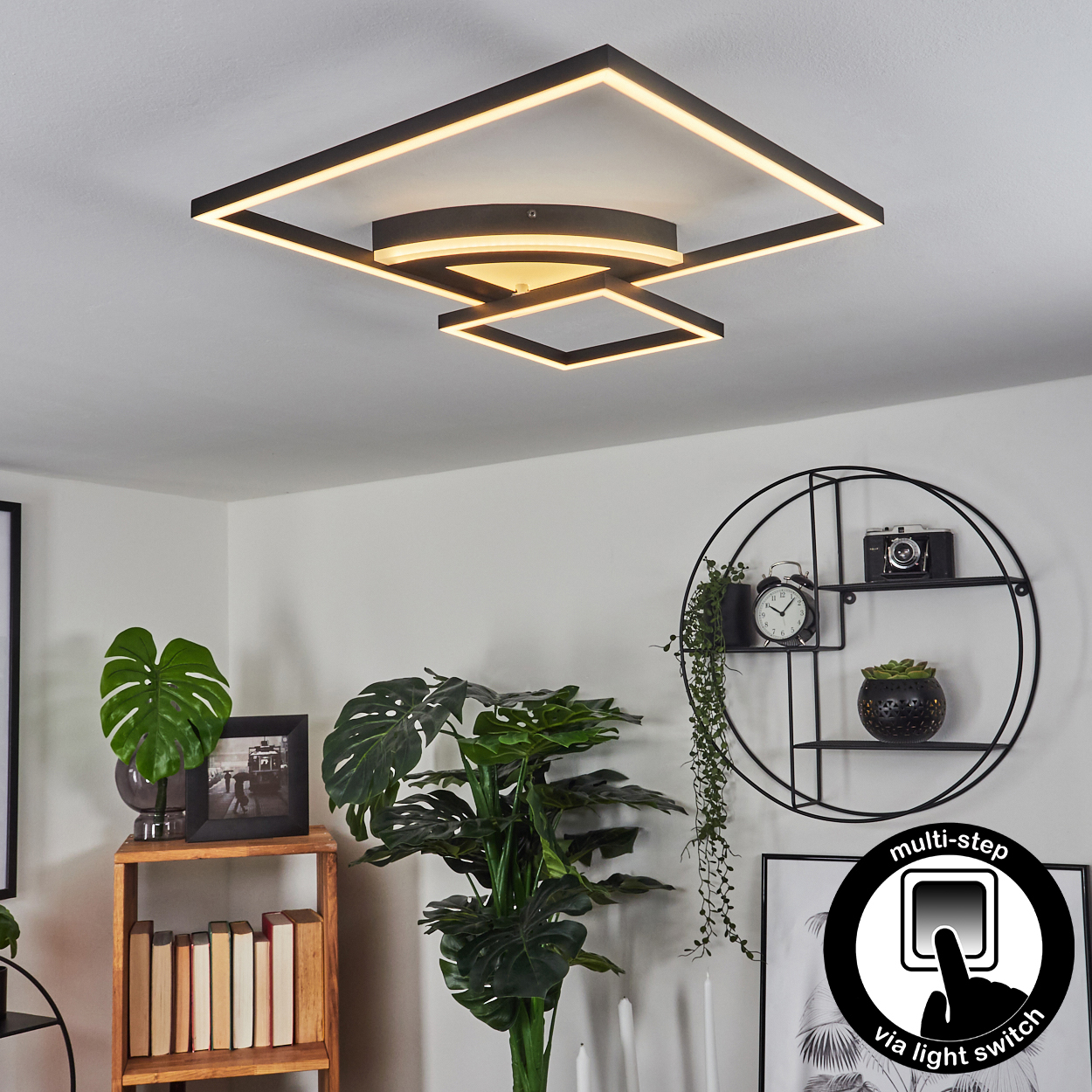 Deckenleuchte mit quadratischen Rahmen, Pflanzen, Regal mit Kamera und Uhr. Ein Lichtschalter-Symbol ist sichtbar.