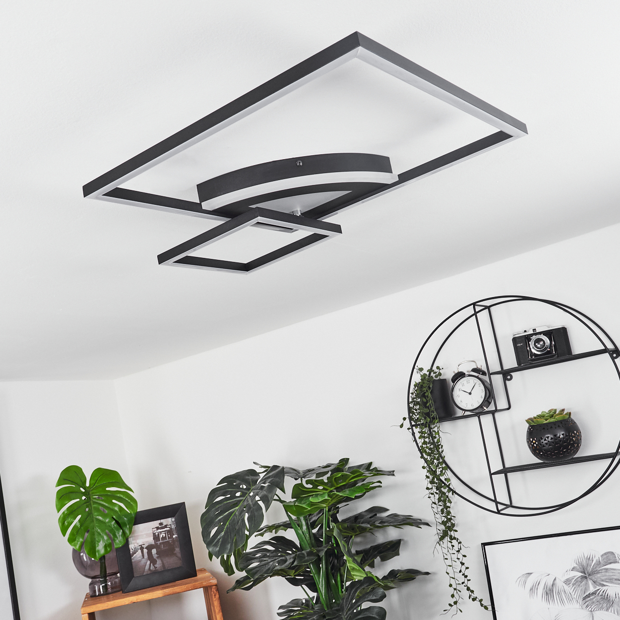 Eine moderne schwarz-weiße Deckenleuchte mit Pflanzen und Dekoration an der Wand. Das Licht ist geometrisch.
