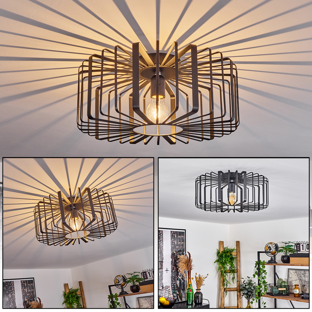 Eine schwarze, geometrische Deckenlampe mit sichtbarer Glühbirne. Die Lampe wirft Streifenschatten an die Decke. Das Zimmer hat Deko und Pflanzen.