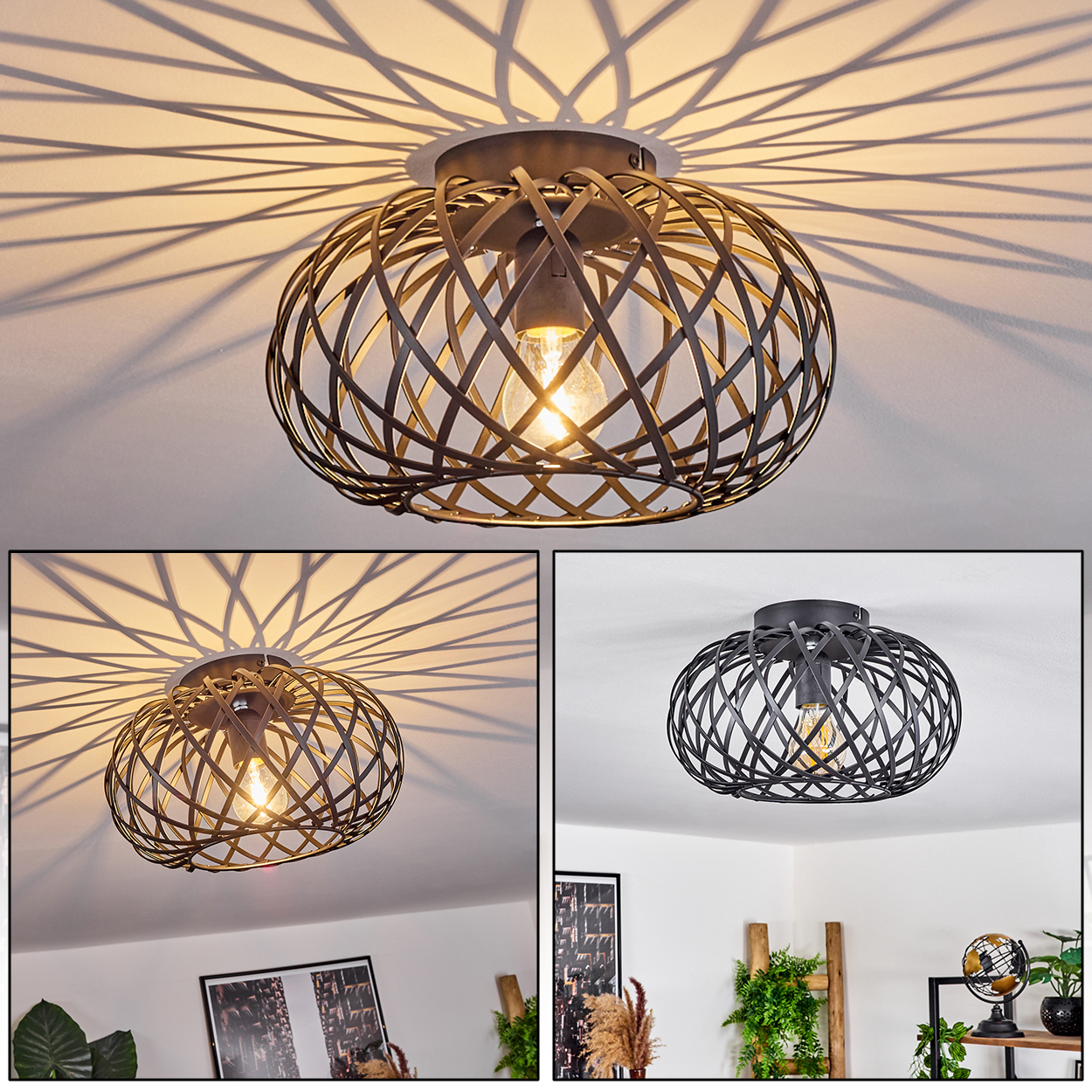 Eine dekorative Deckenleuchte mit Metallkäfig-Design, die komplizierte Schatten auf die Decke wirft, mit einer leuchtenden Glühbirne.