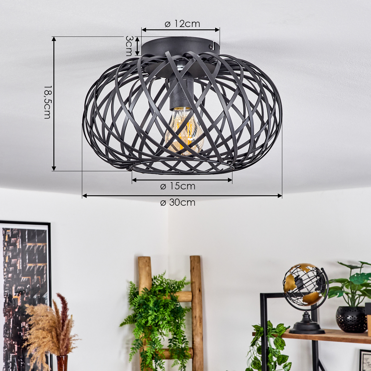 Schwarze Metall-Käfig-Deckenlampe mit sichtbarer Glühbirne. Abmessungen werden angezeigt. Im Hintergrund sieht man eine Leiter, Pflanzen und Regale.