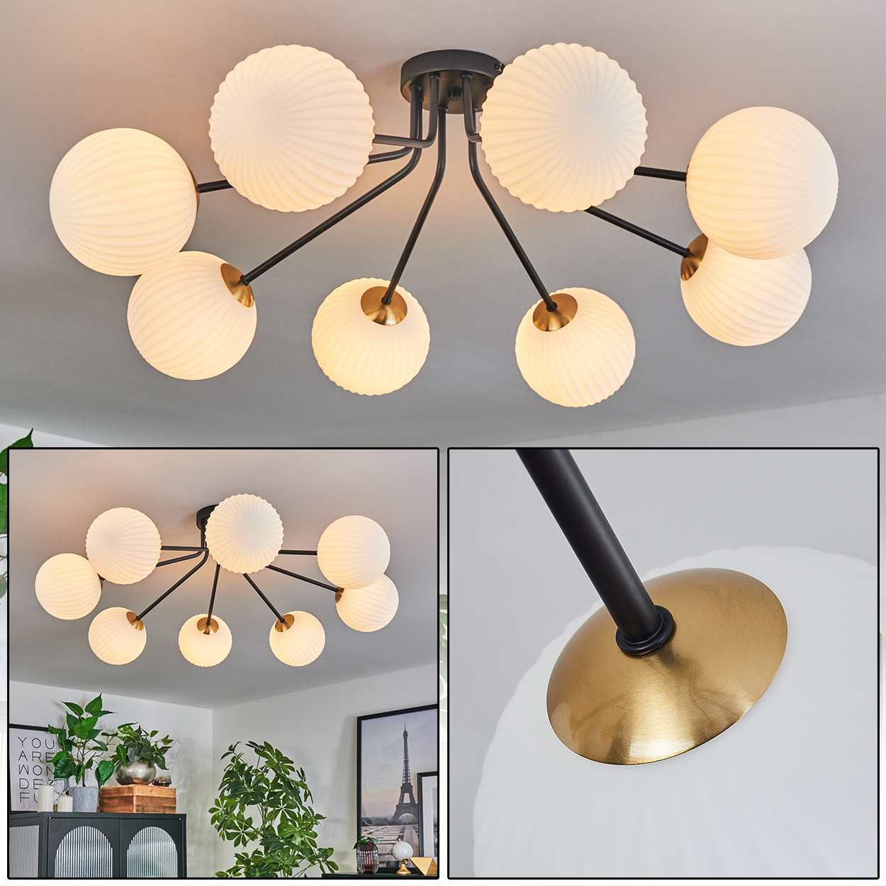 Eine moderne Deckenlampe mit acht kugelförmigen, weißen Glasschirmen. Die Lampe hat schwarze Arme und goldfarbene Akzente.